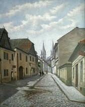 unknow artist A street in Czech town Vysoke Myto with Smekals  bakery